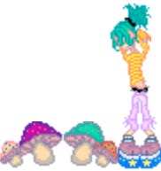A 1990s-style web doll with green hair, a yellow striped slouchy shirt, pink capris, moon shoes, and mushrooms next to them