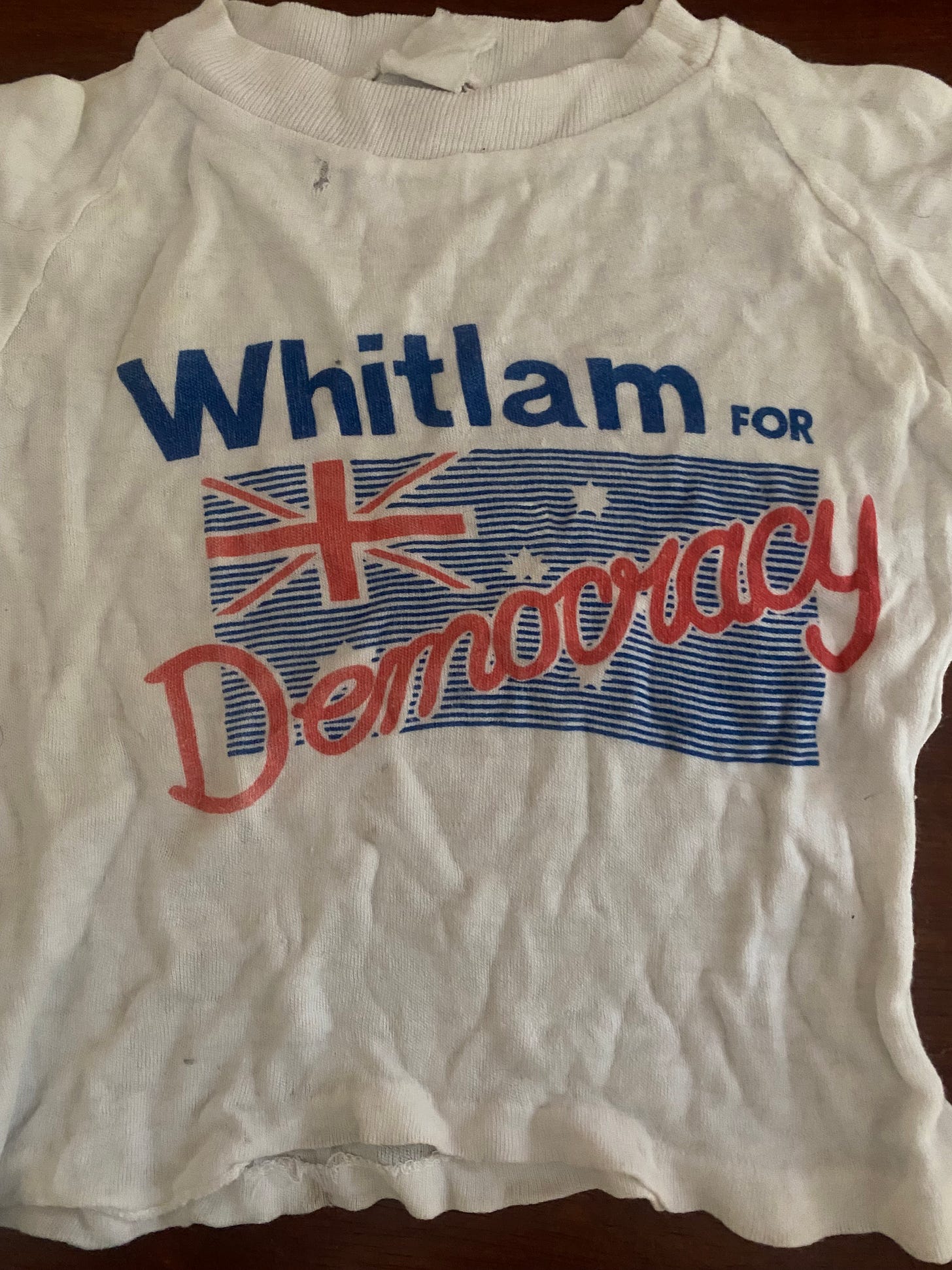 Child's t'shirt with slogan saying 'Whitlam for Democracy'