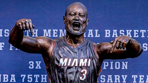 Various images of sculptures of Cristiano Ronaldo, Dwyane Wade, and Martin Luther King, Jr.