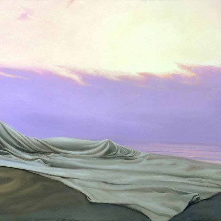 LEFT: Detail from THE LEAVETAKING featuring a transparent orb glowing yellow from within. A woman on all fours and covered in a sheet rests her head on the sphere with her arms cradling it. Her long hair falls over the orb. The fabric over her drapes back to expose the forward position of her knee and her breast.  RIGHT: Detail from THE LEAVETAKING featuring the rippled white silk fabric over sand. The contour of the woman’s calf and heal are apparent beneath. The sky is tinted lavender and so is the smooth water that recedes to the horizon.