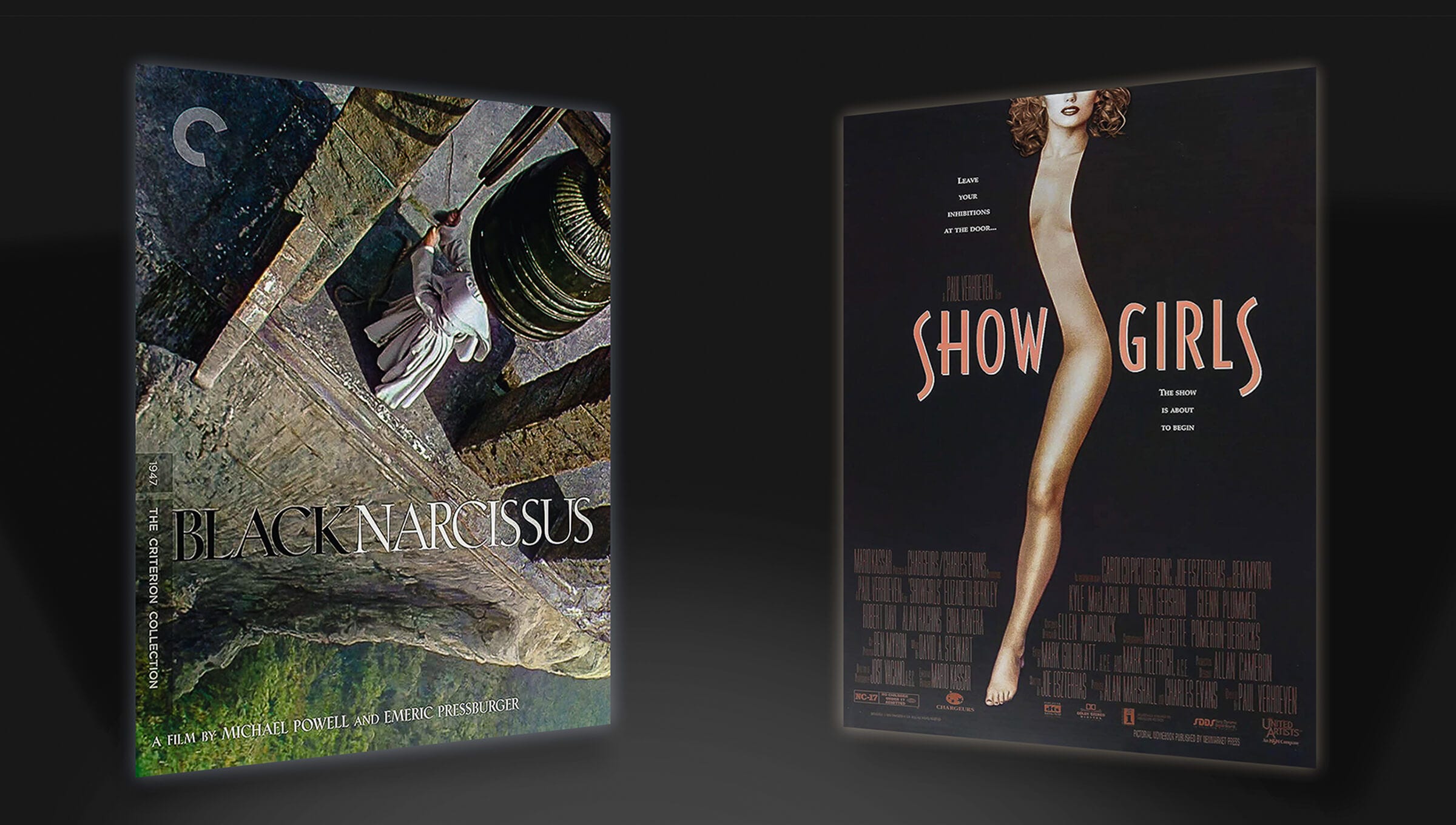 Side-by-side film posters of Black Narcissus and Showgirls appear angled toward each other, as if in conversation. Side-by-side film posters of Black Narcissus and Showgirls appear angled toward each other, as if in conversation.