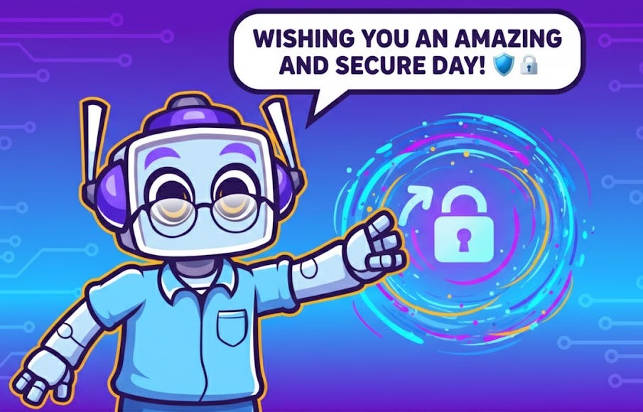 Neuralbuddy character waving goodbye while a spinning vortex with a padlock icon represents a secure logout through an encrypted channel. A speech bubble says, "Wishing you an amazing and secure day!" The background features a purple circuit board pattern. Neuralbuddy character waving goodbye while a spinning vortex with a padlock icon represents a secure logout through an encrypted channel. A speech bubble says, "Wishing you an amazing and secure day!" The background features a purple circuit board pattern.