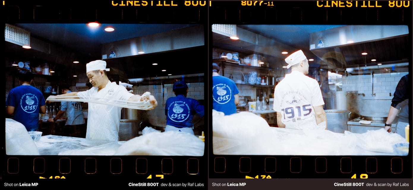 Two pictures of a ramen chef pulling ramen,