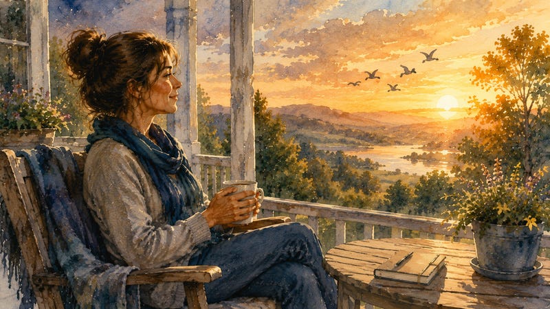 A woman sitting on a porch at sunset with a cup of tea, gazing at nature with birds flying in the sky, feeling peaceful and content after learning to work with her sensitive nature and reduce exhaustion. A woman sitting on a porch at sunset with a cup of tea, gazing at nature with birds flying in the sky, feeling peaceful and content after learning to work with her sensitive nature and reduce exhaustion.