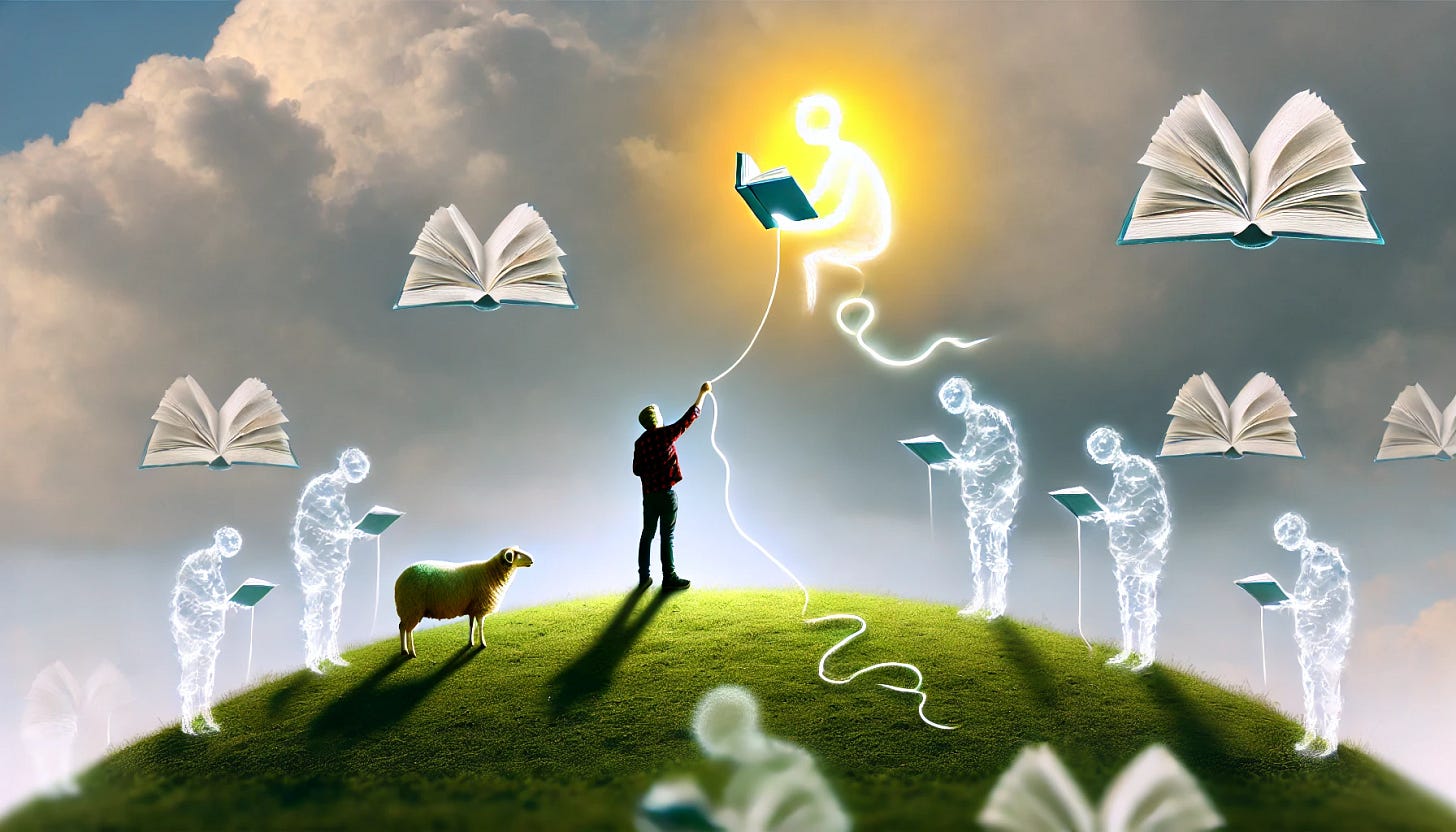 A surreal illustration of a person standing on a small, grassy hill under a partly cloudy sky, with a bright sun breaking through the clouds, symbolizing hope. The person is looking up, holding a glowing thread that stretches up into the sky, connecting to an abstract, ethereal figure representing a guiding force. Ghostly, imaginary readers appear as faint, semi-transparent silhouettes around the person, engaging in a lively conversation. A sheep stands nearby, gazing curiously at the scene. The image captures a mix of determination, reflection, and a touch of whimsy, conveying the theme of overcoming fear and continuing a journey. The scene is bathed in soft, warm light, suggesting renewal and encouragement.