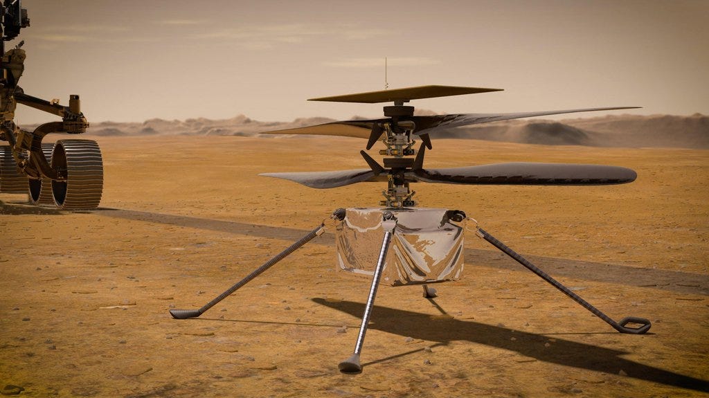 In this illustration, NASA's Ingenuity Mars Helicopter stands on the Red Planet's surface as NASA's Perseverance rover (partially visible on the left) rolls away. In this illustration, NASA's Ingenuity Mars Helicopter stands on the Red Planet's surface as NASA's Perseverance rover (partially visible on the left) rolls away.