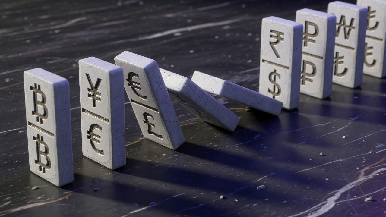 Currency symbol dominoes falling in sequence on dark marble surface, macro photography