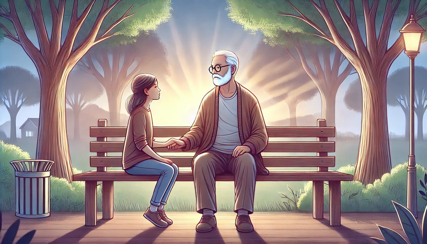 An emotional illustration depicting an elderly person with a thoughtful expression, sitting on a park bench, holding hands with a younger adult. The background shows a serene park with trees and soft lighting. The scene conveys warmth, connection, and reflection, symbolizing the passing of stories and care between generations.
