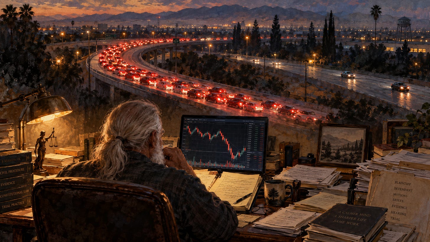 Rick Horowitz, the author, works at a desk of legal papers and a stock chart while a jammed highway overpass glows with brake lights outside his window in this AI-generated image..