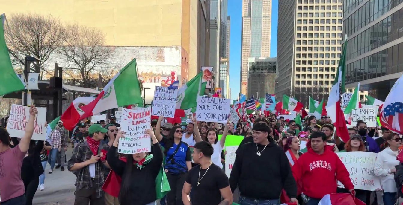 Demonstrators march through Downtown Dallas on Sunday, February 2, 2025, protesting ICE raids & the Trump Administration’s immigration policies. Photo by @carolinecwilder (via x.com) Demonstrators march through Downtown Dallas on Sunday, February 2, 2025, protesting ICE raids & the Trump Administration’s immigration policies. Photo by @carolinecwilder (via x.com)