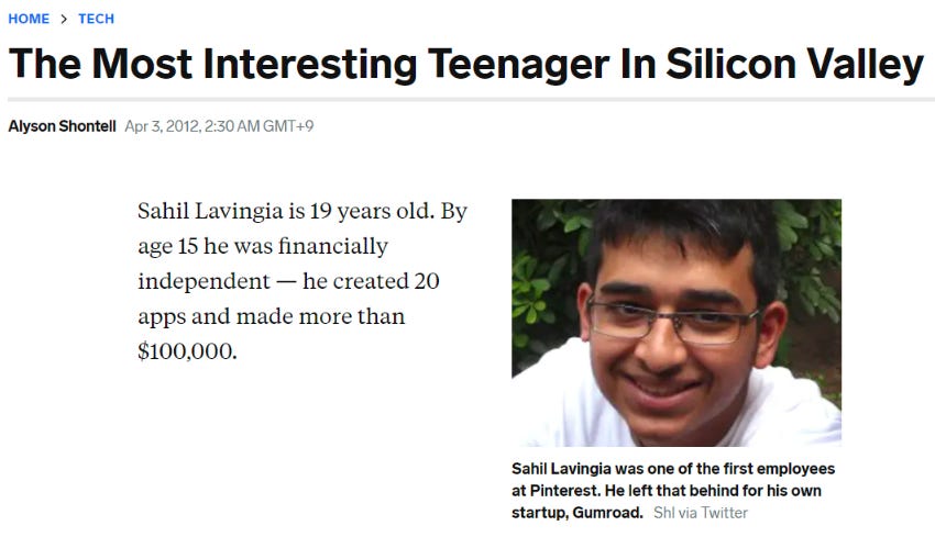 2012년 비즈니스인사이더에 소개된 사힐 - '어린', '개발' ,'천재'는 실리콘밸리의 흥행 보증 수표