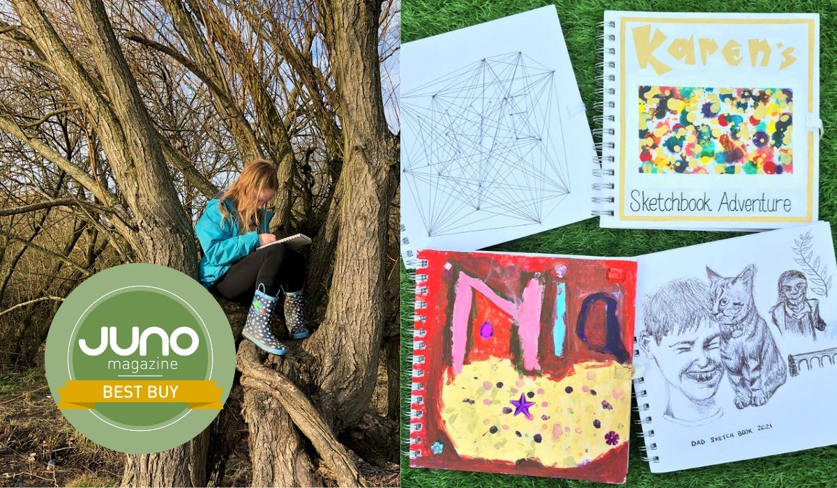 A child sits in a tree, sketching in a notebook, surrounded by various colorful art books and a "JUNO Best Buy" badge.