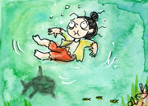 Detail of a 4-panel watercolor comic strip in rhyme, illustrating a cartoon character trying to stay afloat as a big wave crashes onto her and she is pulled underwater. The panels are adjoining and also form one image of an ocean wave. Titled “Sink Or Swim,” this is a cartoon about persevering through hardship and finding support in surprising places. Ink and watercolor on paper. Original art by Connie Sun, cartoonconnie, 2025, All rights reserved.