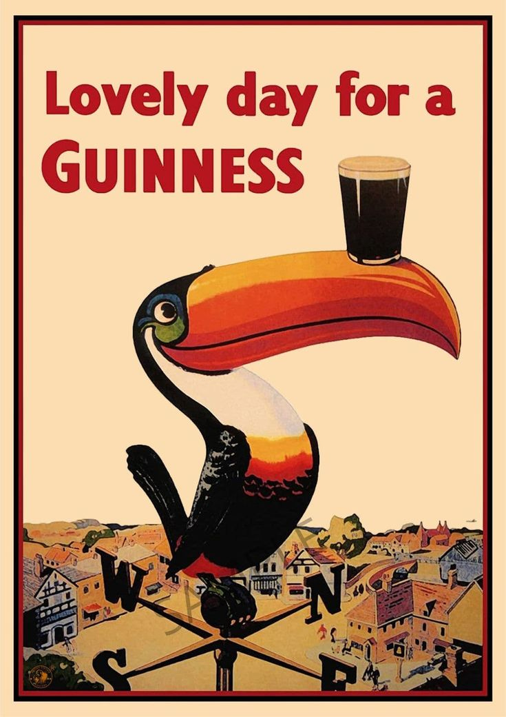 This may contain: a poster with a toucan and a pint of guinness