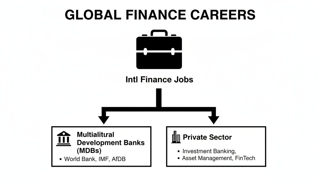 Flowchart illustrating global finance careers, showing opportunities in multilateral development banks and the private sector.