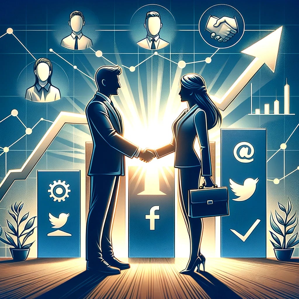 A professional and engaging image for a Substack article about influencer and celebrity partnerships in marketing. The image should feature a symbolic representation of a partnership between a brand and a celebrity, such as a handshake between a corporate figure and a celebrity figure, set against a backdrop that suggests marketing and brand growth, like rising graphs or social media icons. The figures should be stylized and professional, conveying a sense of collaboration, strategy, and marketing success. Ensure diversity in the depiction of the characters.