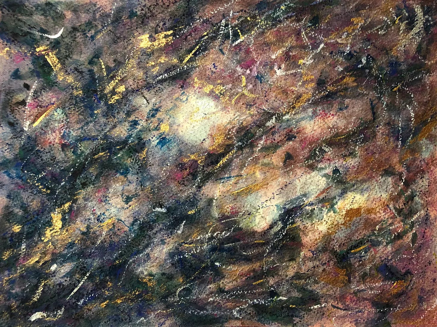"Abstract mixed-media painting in deep, textured earth tones — rust, charcoal, and dusky rose — with scattered gold leaf accents and fine white and navy linear strokes crossing the surface. A soft, luminous pale patch glows near the center like diffused light breaking through, giving the piece a cosmic, weathered quality.
