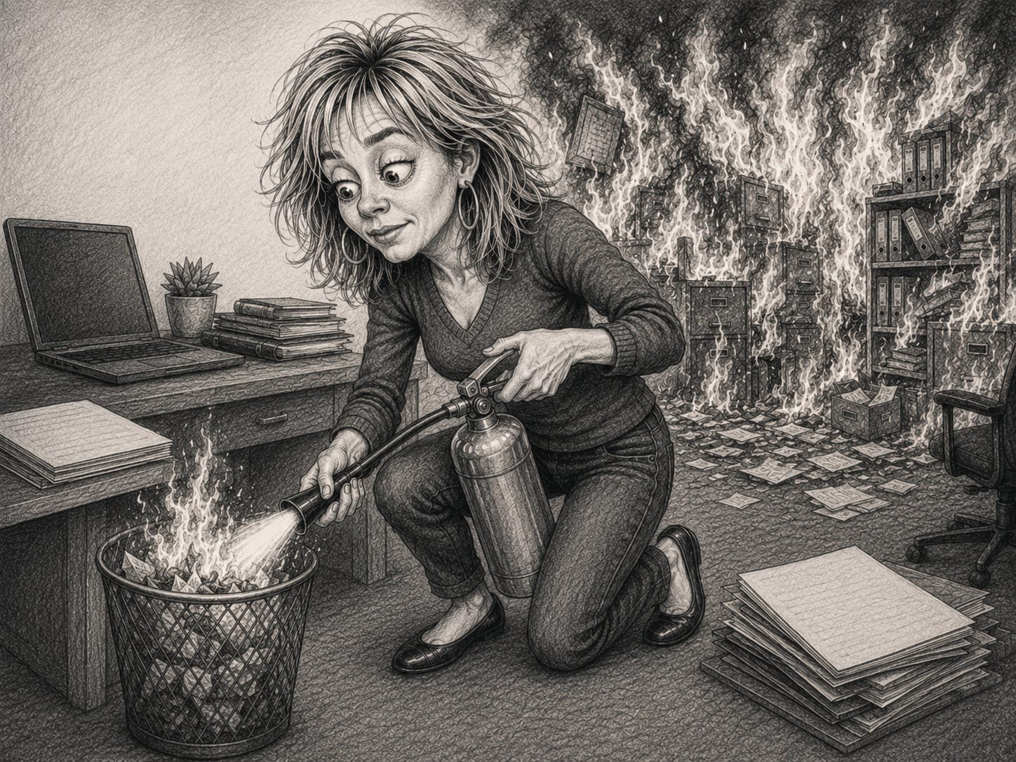 A woman calmly extinguishes a small wastebasket fire while a much larger office fire rages behind her unnoticed.