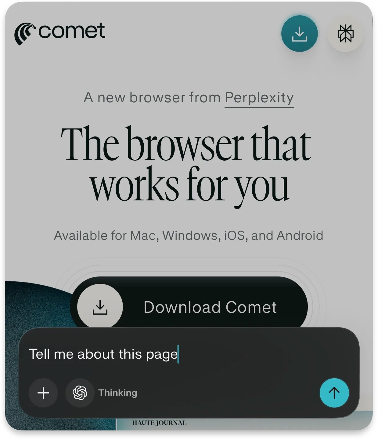 Perplexity Comet AI browser landing page on iPhone showing “The browser that works for you” with built-in assistant prompt bar and agentic browsing interface