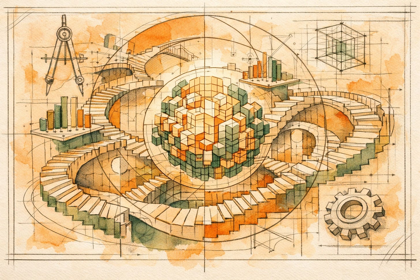 Surreal blueprint of staircases and data clusters illustrating AI specification engineering for structural precision.
