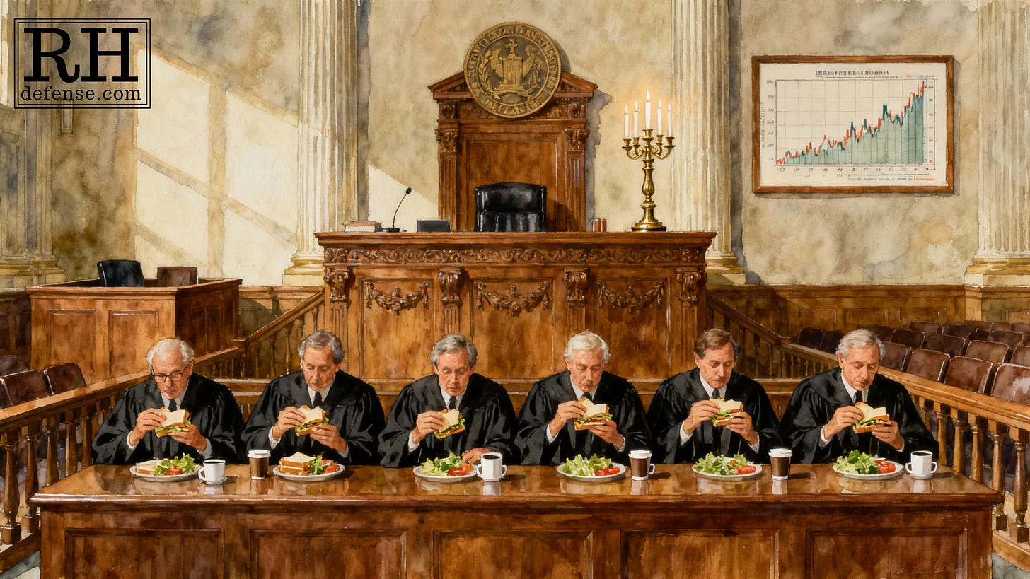 A watercolor-style painting of a panel of judges in black robes eating lunch together at the front of a formal courtroom, with a stock chart hanging on the wall behind them.