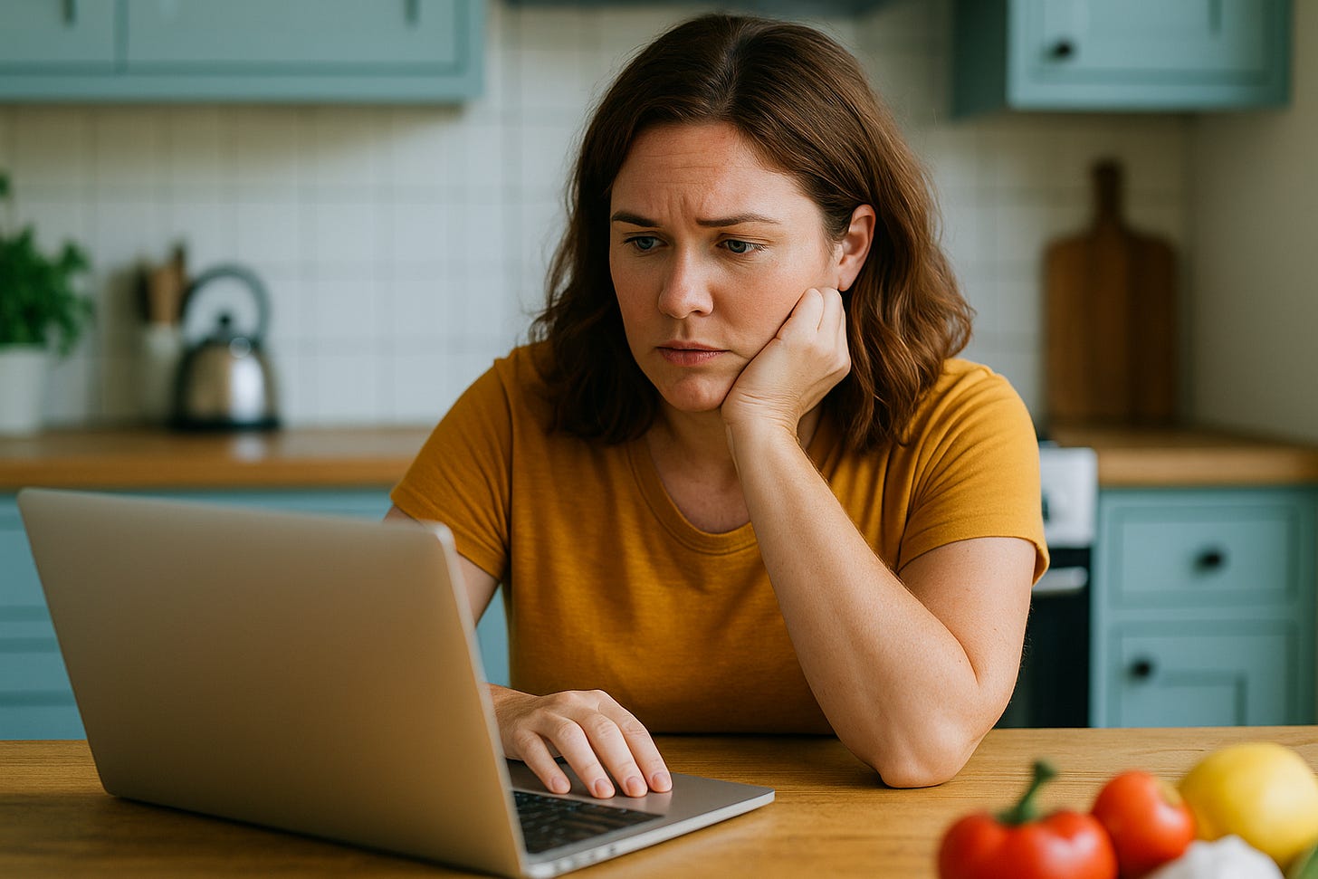 pril, wearing a mustard yellow t-shirt, looks worried as she sits at her kitchen table with her laptop open. Blue kitchen cabinets and fresh vegetables are visible in the background.