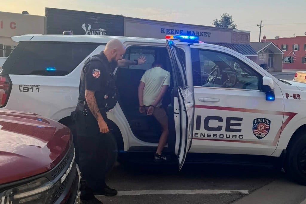 A police officer guides a boy in handcuffs into the back of a police SUV with flashing blue lights.