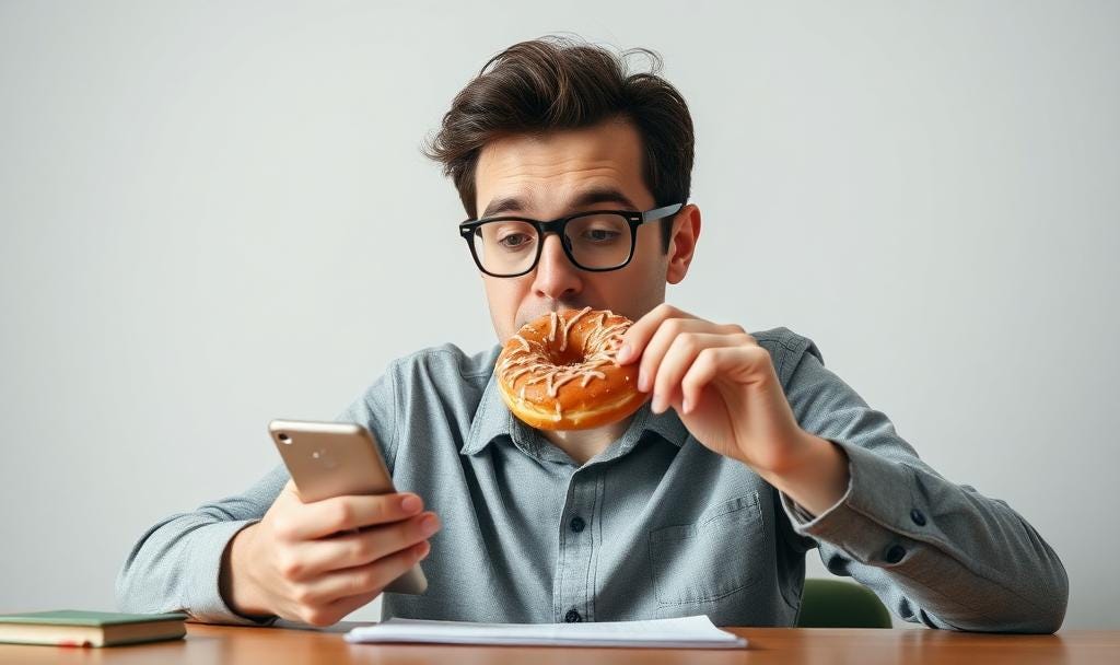 Procrastinating by looking at a phone while eating a doughnut