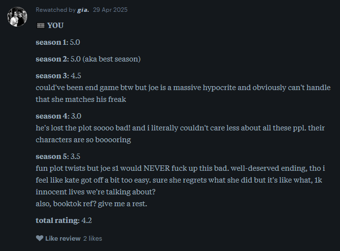 a letterboxd user ranks seasons of the Netflix series YOU