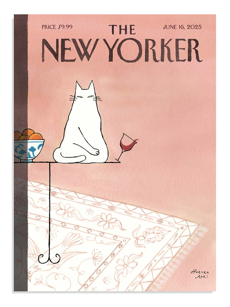 Cover of The New Yorker magazine with an illustration of a white cat on a table, tipping over a wine glass full of red wine that is about to fall onto a white Persian rug. The cat is looking at the viewer and sits next to a bowl of oranges. The background is a dusty pink color. Cover of The New Yorker magazine with an illustration of a white cat on a table, tipping over a wine glass full of red wine that is about to fall onto a white Persian rug. The cat is looking at the viewer and sits next to a bowl of oranges. The background is a dusty pink color.