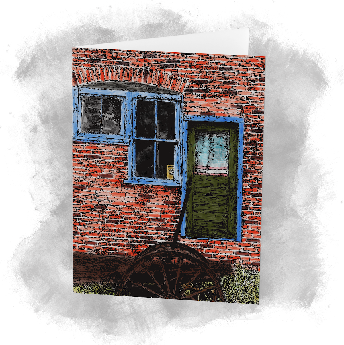 A wooden wagon chassis in a historic heritage site. Behind the chassis is a brick building. Sketch art by Don Rice. A wooden wagon chassis in a historic heritage site. Behind the chassis is a brick building. Sketch art by Don Rice.