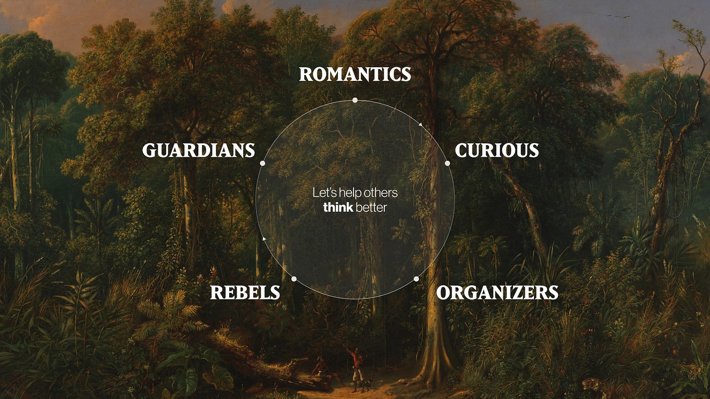 circular diagram with 5 distributed dots each with text that reads, Romantics Detectives Organizers Rebels Guardians