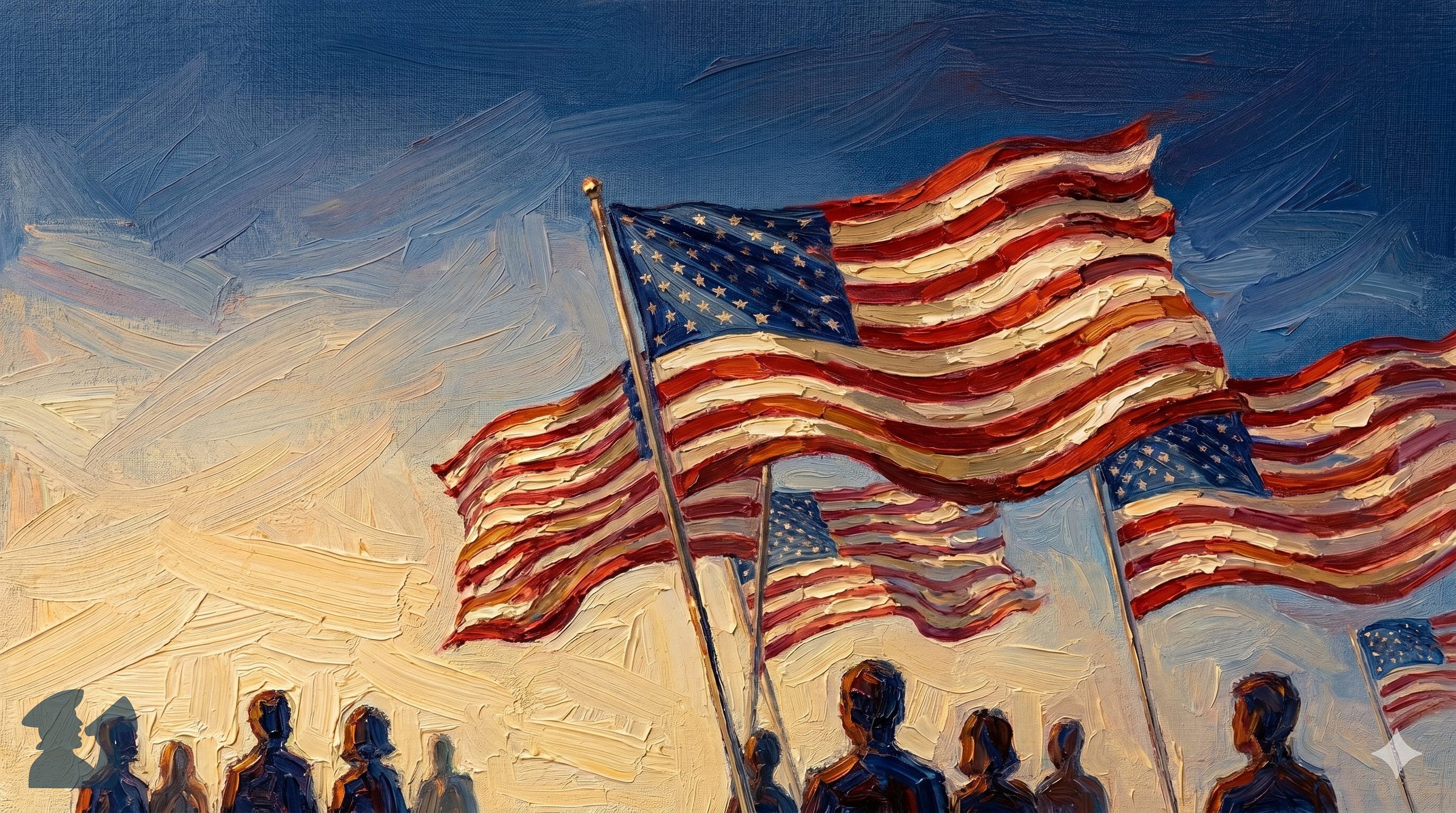 A textured oil painting in an impasto style, featuring multiple American flags with stars and stripes billowing against a dramatic, two-tone sky of deep blue and warm, glowing cream. A crowd of dark human silhouettes looks up from below.