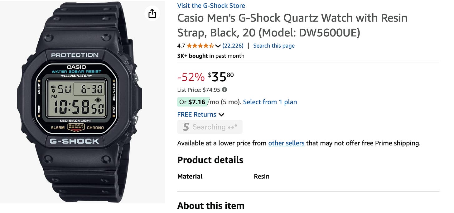 Amazon product page for a Casio Men’s G-Shock DW5600UE digital watch in black resin, priced at $35.80 after discount. The watch face displays time, date, and other functions, with a rectangular screen and “Illuminator” text at the top.