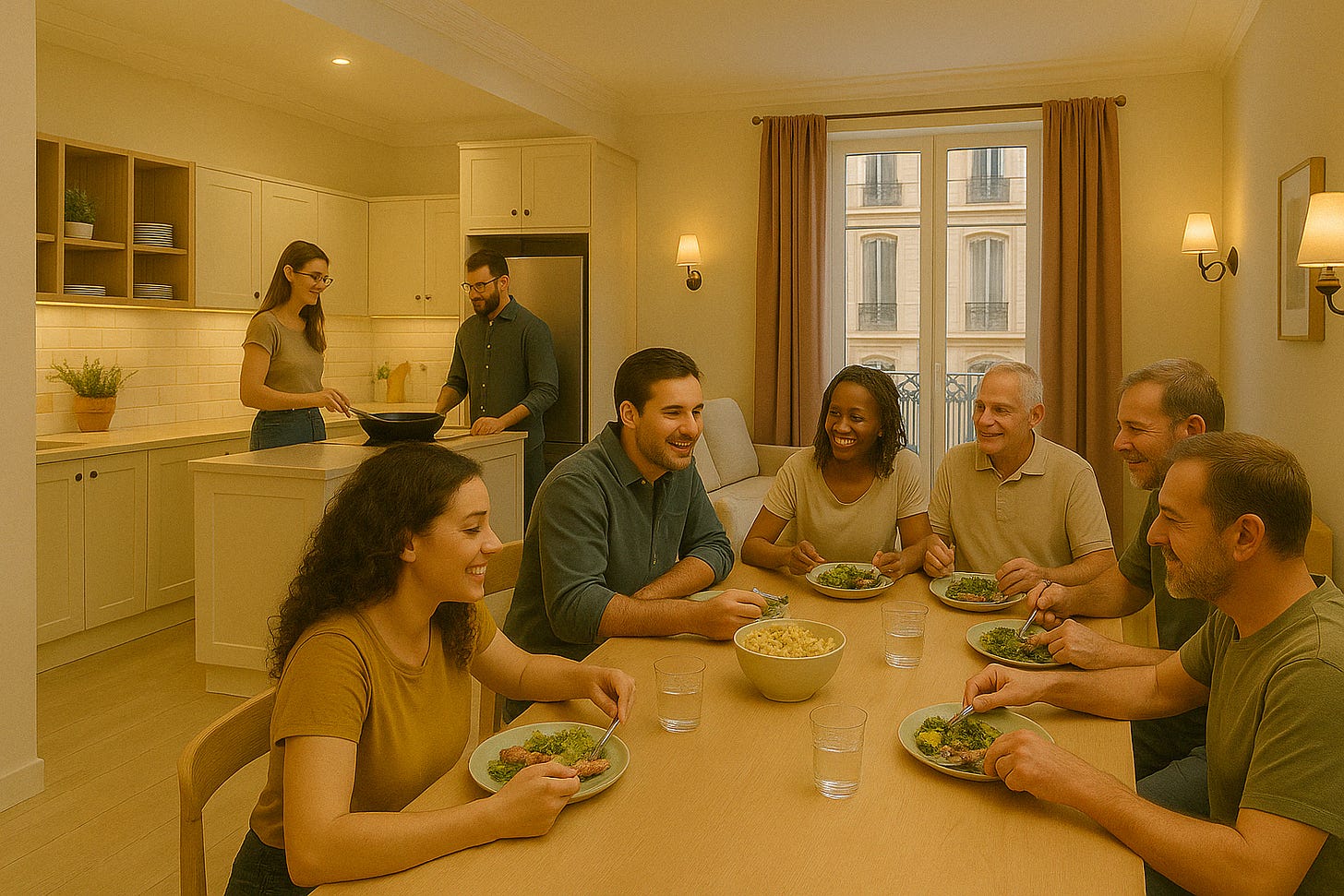 A warm, communal kitchen and dining space with a group of people gathered around a long table, enjoying a shared meal. Two people prepare food at the kitchen island in the background. Large windows let in natural light, creating a welcoming, homey atmosphere. The image reflects connection, nourishment, and community living. Image created with DALL·E. A warm, communal kitchen and dining space with a group of people gathered around a long table, enjoying a shared meal. Two people prepare food at the kitchen island in the background. Large windows let in natural light, creating a welcoming, homey atmosphere. The image reflects connection, nourishment, and community living. Image created with DALL·E.
