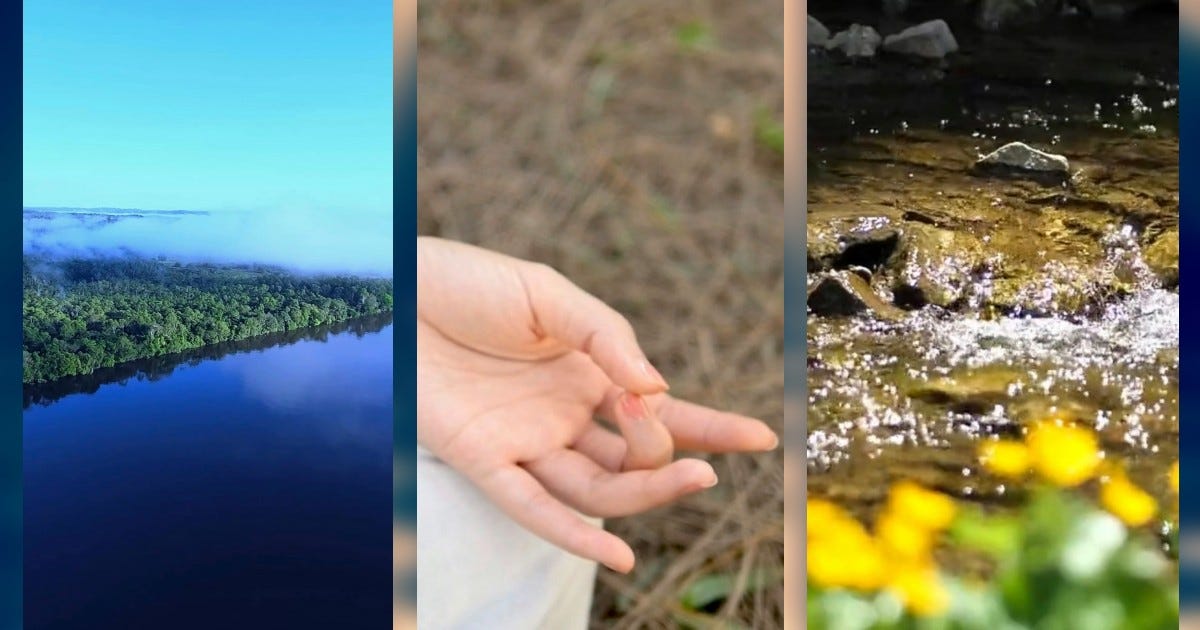 deep blue water, meditative hands, sunlit stream