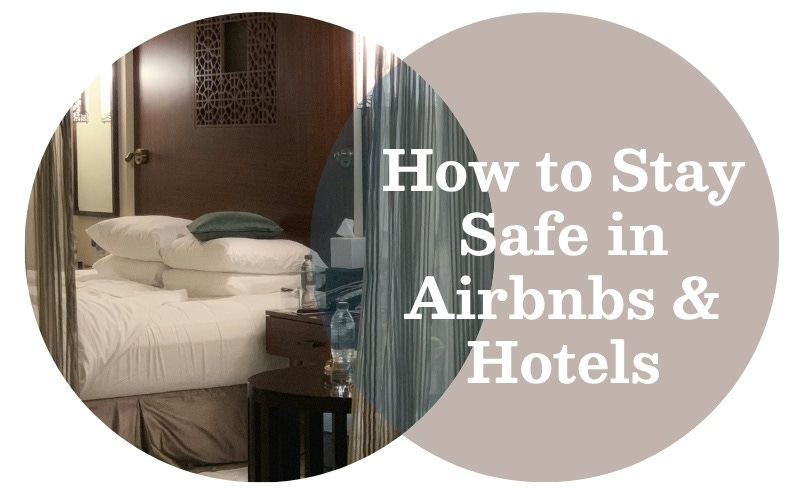 Interlocking circles, one grey with white writing, the other features a hotel room, with a partially made bed, curtains and side table. All in muted colors. 