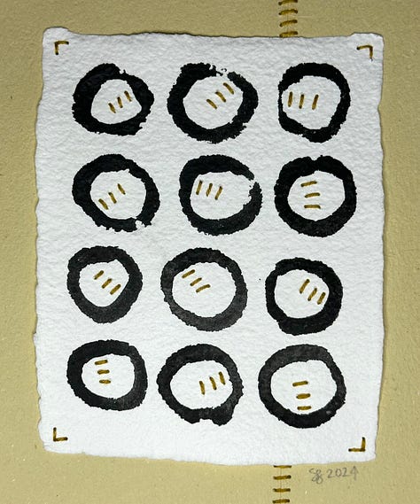 nine abstract paintings made with watercolor on cotton paper with Sashiko thread.