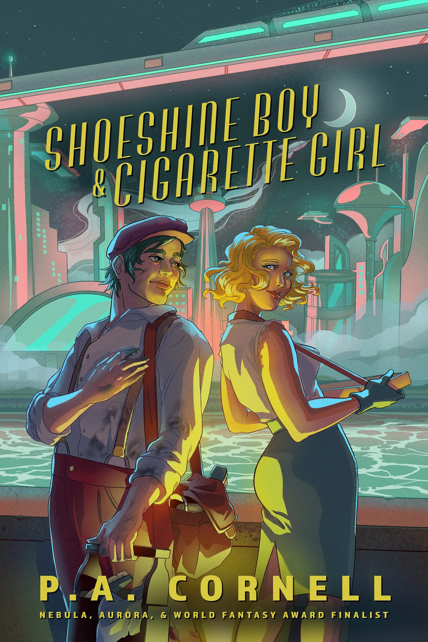 A boy and a girl in a retrofuturistic Toronto (in the back). She's holding a tray, wearing a midi skirt, and wearing a blouse. She's blonde with clear eyes. The boy wears jockstraps over a smudged shurt and purple trousers. He's holding a shoebox kit. The book is called Shoeshine boy and cigarette girl by P. A. Cornell, which is a Nebula, Aurora, and World Fantasy Finalist.