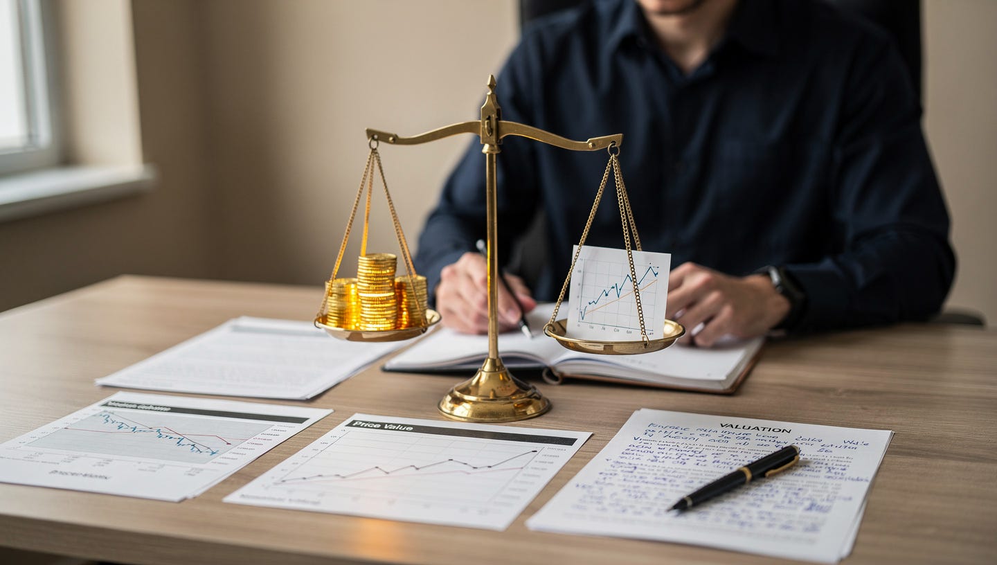 A photorealistic financial hero image for a blog article. A confident investor sitting at a minimalist wooden desk, studying printed financial statements and a notebook with handwritten valuation notes. On the desk: a vintage scale perfectly balanced, one side holding golden coins, the other a small stock chart printout — symbolizing price vs. value. Soft natural light from a side window. Shallow depth of field. Muted, sophisticated color palette: warm beiges, deep navy, and subtle gold accents. No text, no screens, no phones. Editorial photography style, shot with a 50mm lens. Ultra-realistic, 8K, cinematic lighting. A photorealistic financial hero image for a blog article. A confident investor sitting at a minimalist wooden desk, studying printed financial statements and a notebook with handwritten valuation notes. On the desk: a vintage scale perfectly balanced, one side holding golden coins, the other a small stock chart printout — symbolizing price vs. value. Soft natural light from a side window. Shallow depth of field. Muted, sophisticated color palette: warm beiges, deep navy, and subtle gold accents. No text, no screens, no phones. Editorial photography style, shot with a 50mm lens. Ultra-realistic, 8K, cinematic lighting.