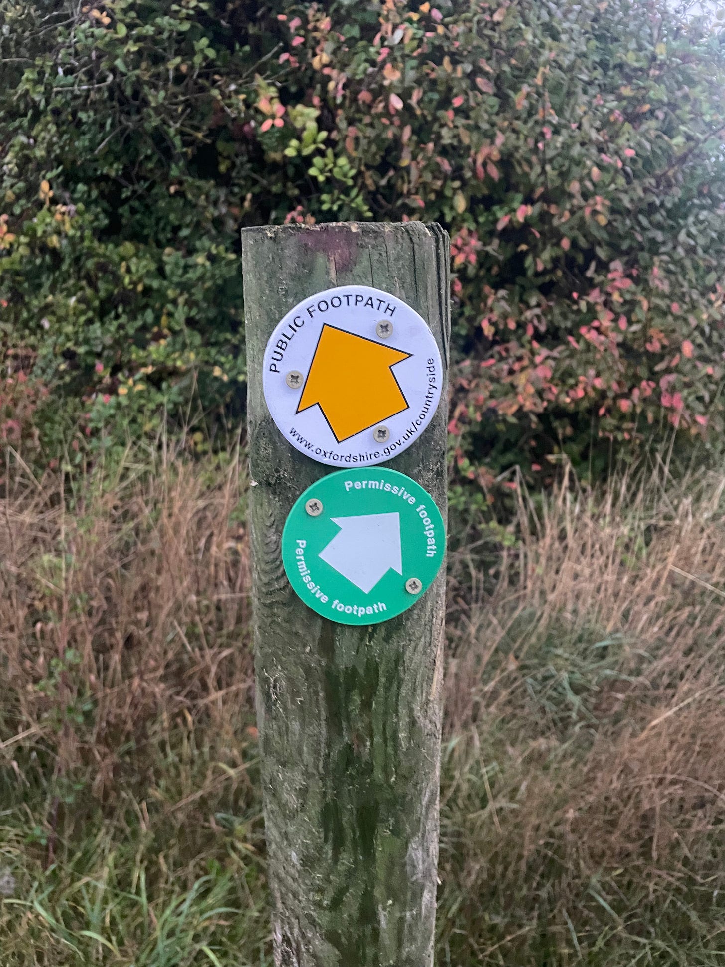 A yellow arrow with the words 'public footpath' above a green arrow reading 'Permissive Path', both signs on a post with leaves in the background