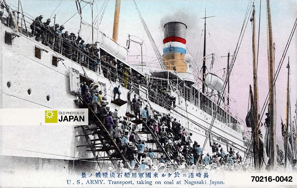 Coaling a US army transport ship in Nagasaki, ca. 1910s. Coaling a US army transport ship in Nagasaki, ca. 1910s.