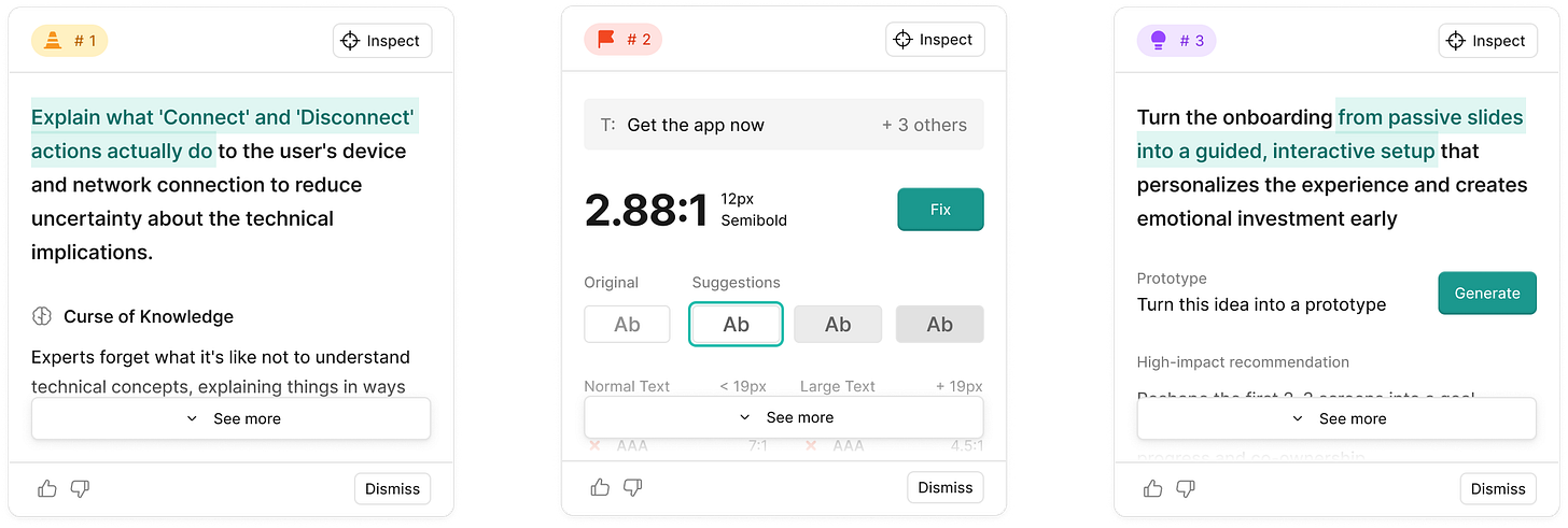 UI of feedback cards for UX, accessibility, and new ideas, displaying elements like key message, behavioral bias, color contrast score, suggestions of color pairs, and turning a new idea into a prototype