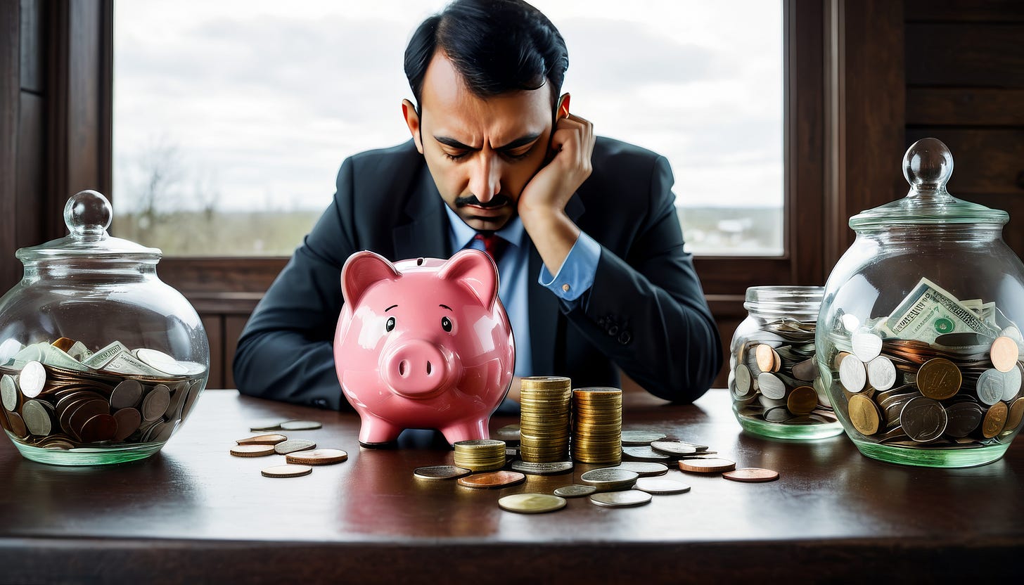 man at desk contemplating coins scattered around piggy bank and in jars man at desk contemplating coins scattered around piggy bank and in jars