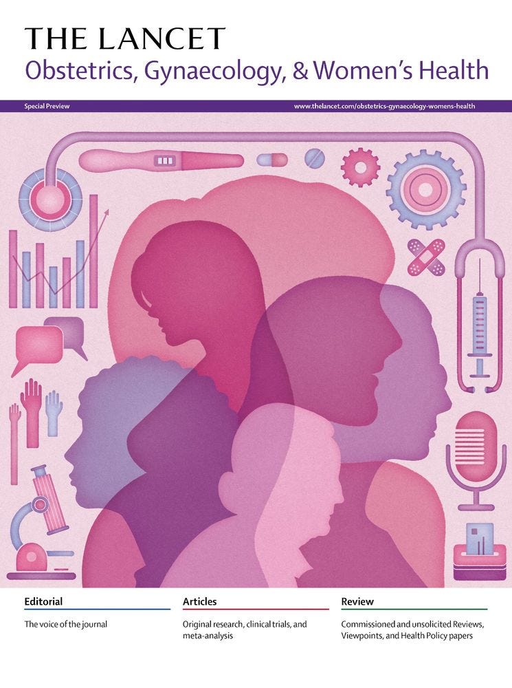 A special preview issue of The Lancet Obstetrics, Gynaecology, & Women’s Health. On the cover is an illustration of overlapping silhouettes of women of different ages', bordered by various medical instruments and health-related icons. Together, these illustrations - in purple shades - depict a holistic vision of obstetrics, gynaecology, & women’s health. Credit: Lillian Li
