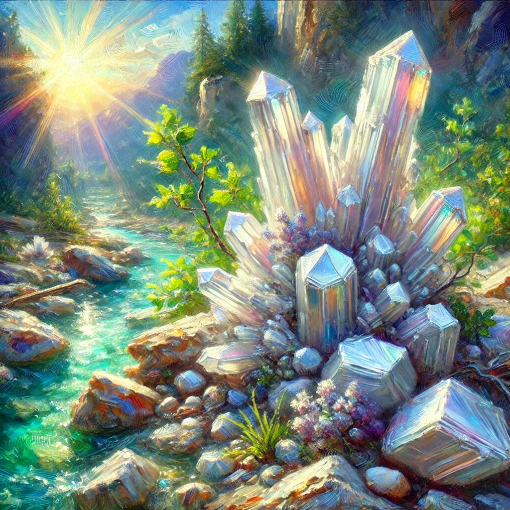 A vibrant, oil painting-style depiction of zeolite minerals in a natural setting. The image features crystalline structures of zeolite emerging from rocky terrain, bathed in soft sunlight. The mineral formations are intricate, with shimmering hues of white, light gray, and soft pastel blues. Surrounding the minerals, there are lush green plants and a clear, flowing stream that reflects the minerals' glow. The background includes a serene natural environment with hints of mountains and sky, emphasizing a tranquil and healing ambiance. Expressive brush strokes and bold colors highlight the textures and the vitality of the scene.