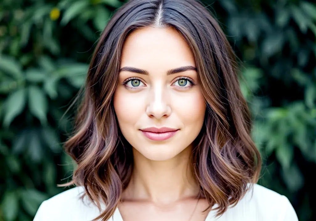 A beautiful young woman with clear skin, green eyes, and shoulder-length brown hair is enjoying nature, symbolizing the positive impact of psoriasis management.