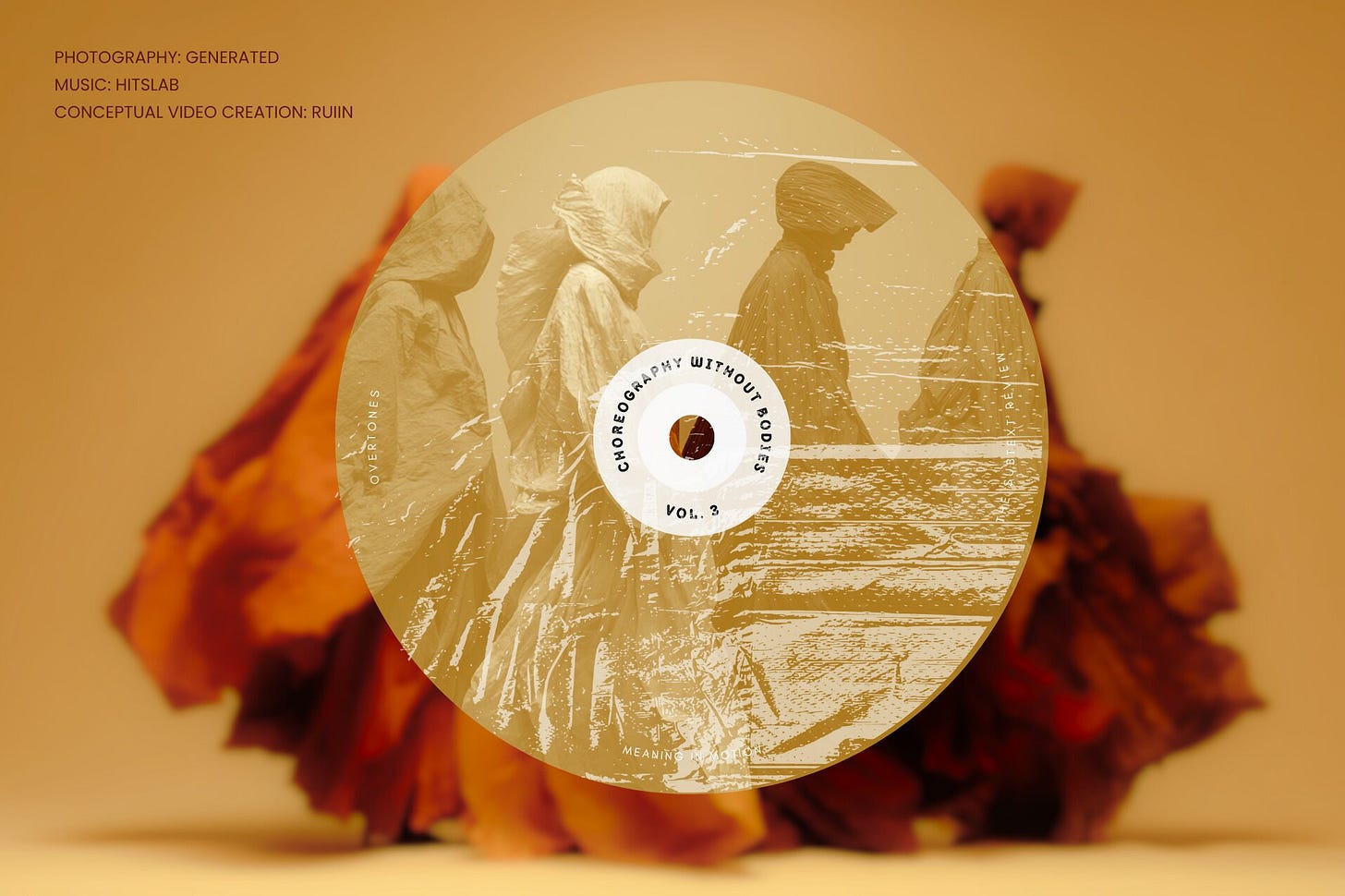 Cover image featuring a textured compact disc graphic tinted ochre gold with the text "Choreography Without Bodies, Vol. 3." The disc overlays a desaturated photograph of draped, moving figures. In the upper-left corner, the metadata text reads: "PHOTOGRAPHY: Generated, MUSIC: HitsLab, CONCEPTUAL VIDEO CREATION: RUIIN." Part of the Overtones series at The Subtext Review.