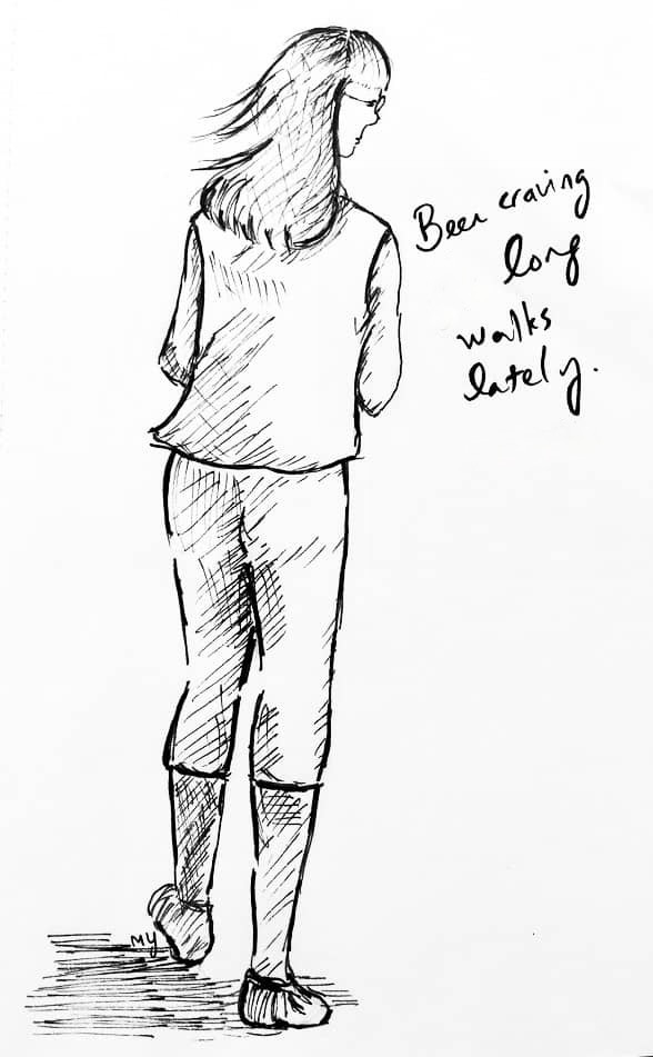 Black and white ink drawing of the back of a woman with glasses and medium length hair, walking. She's wearing a sleeveless t-shirt, calf-length leggings and walking shoes. The soft wind is blowing on her hair.