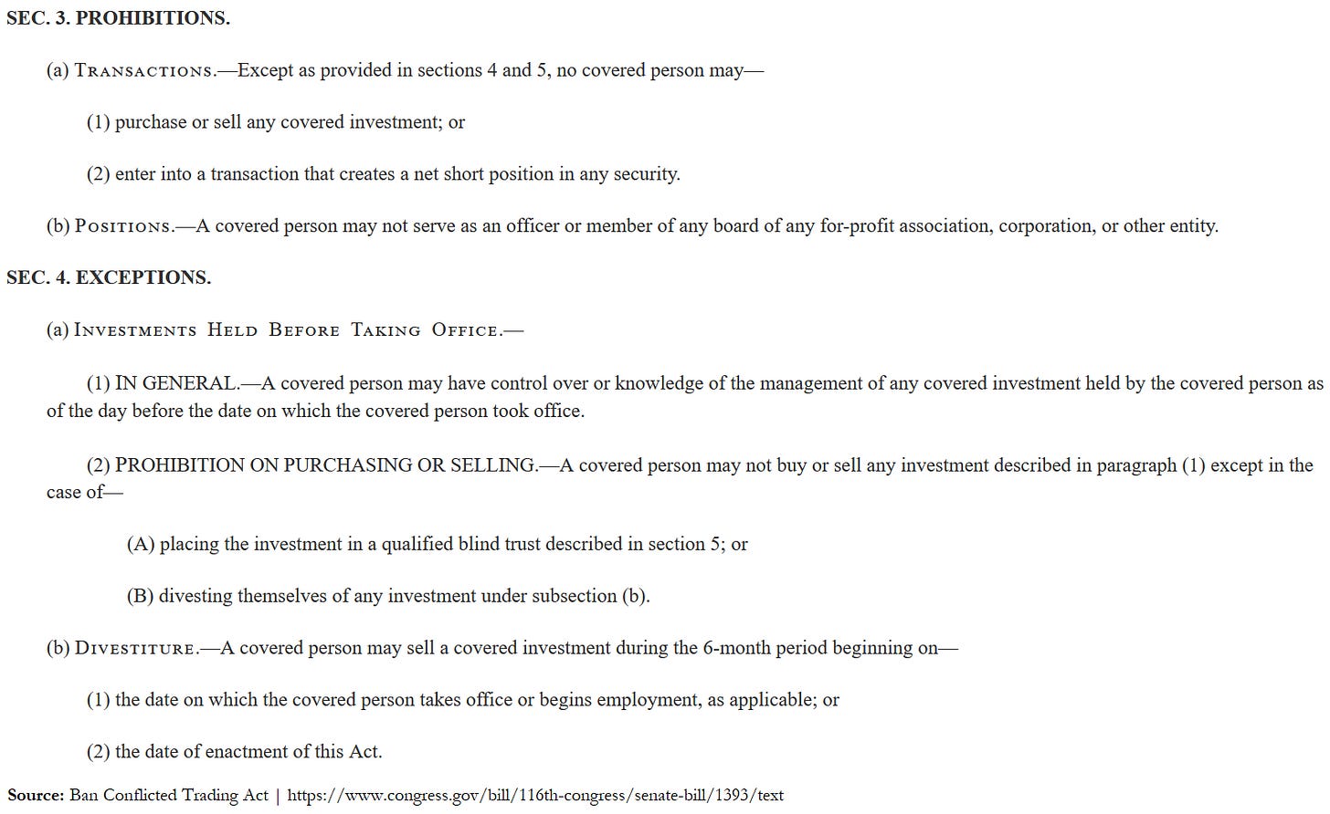 Ban Conflicted Trading Act prohibitions and exceptions